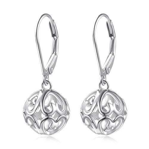 Product Cover S925 Sterling Silver Heart Round Ball Dangle Drop Leverback Cage Filigree Earrings for Women Mother Sister Wife Valentine