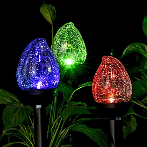 Product Cover GIGALUMI Solar Lights Outdoor Christmas Yard Decoration, Cracked Glass Flame Shaped Dual LED Garden Lights, Landscape/Pathway Lights for Path, Patio, Yard-Color Changing and White-3 Pack