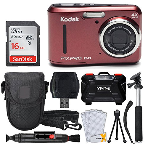 Product Cover Kodak PIXPRO FZ43 Digital Camera (Red) + 16GB Memory Card + Deluxe Point and Shoot Camera Case + Extendable Monopod + Lens Cleaning Pen + LCD Screen Protectors + Table Top Tripod - Top Valued Bundle