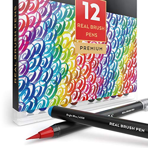 Product Cover Arteza Real Brush Pens, 12 Paint Markers with Flexible Brush Tips, Professional Watercolor Pens for Painting, Drawing, Coloring & More, 100% Nontoxic, Multiple Colors