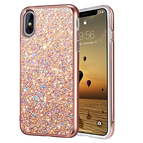 Product Cover iPhone X Case, iPhone 10 Case, MIRACASE Shockproof Glitter Sparkle Bling Dual Layer Hard Cover Soft Bumper Protective iPhone X Case for Girls Women, Rose Gold