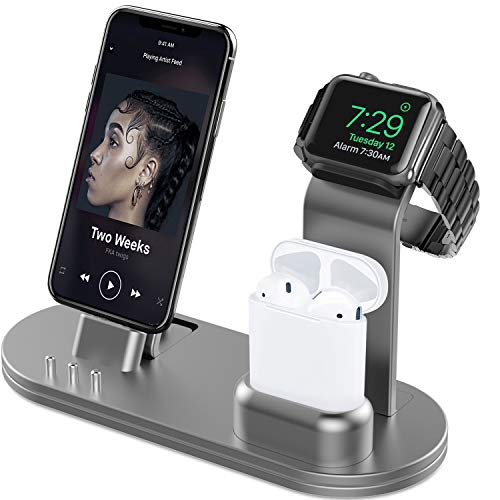 Product Cover OLEBR Charging Stand Compatible with iWatch 5 and 4 Watch Charging Stand for AirPods, iWatch Series 5/4/3/2/1,iPhone 11/11 Pro/11 Pro Max/Xs/X Max/XR/X/8/8Plus/7/7 Plus /6S /6S Plus/iPad-Space Gray
