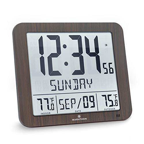 Product Cover Marathon Slim Atomic Wall Clock with Indoor/Outdoor Temperature, Full Calendar and Large Display - Batteries Included - CL030027-FD-WD (Wood Grain Finish)