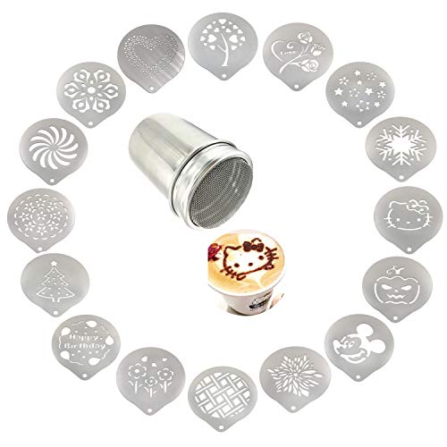 Product Cover Lofekea Stainless Steel Powder Shakers Coffee Cocoa Cinnamon Shaker Cans Mesh Duster With 16PCS Stainless Steel Barista Coffee Decorating Stencils Template For Latte Cappuccino, Cupcake Stencils