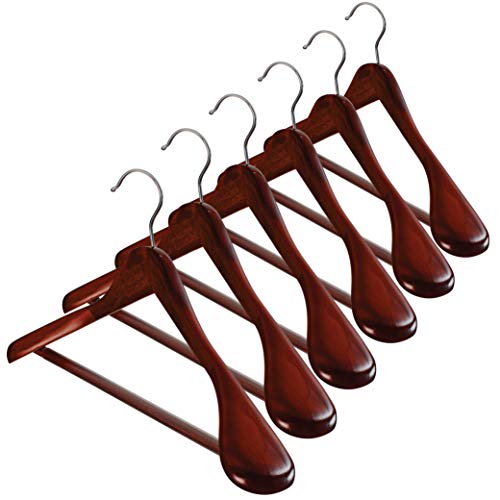 Product Cover High-Grade Wide Shoulder Wooden Hangers 6 Pack with Non Slip Pants Bar - Smooth Finish Solid Wood Suit Hanger Coat Hanger, Holds upto 20lbs, 360° Swivel Hook, for Dress, Jacket, Heavy Clothes Hangers