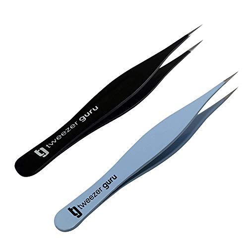 Product Cover Tweezers for Ingrown Hair by Tweezer Guru - Best Stainless Steel Professional Pointed Tweezer - Precision Eyebrow and Splinter Removal Tweezers (Blue and Black)