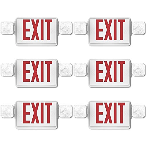 Product Cover Sunco Lighting 6 Pack Double Sided LED Emergency EXIT Sign, Two LED Flood Lights, Backup Battery, US Standard Red Letter Emergency Exit Lighting, Commercial Grade, Fire Resistant