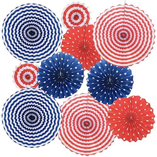 Product Cover Patriotic Party / 4th of July Colorful Hanging Paper Fans Rosettes Party Decorations Fiesta Party Supplies Photo Props for Wedding Birthday Baby Shower Event, White Blue and Red Set of 12