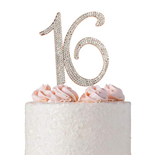 Product Cover Sweet 16 ROSE GOLD Cake Topper | Premium Crystal Rhinestone Diamond Crystal Bling Gems | Monogram Number Sixteen | 16th Birthday Party Decoration Ideas | Perfect Keepsake (16 Rose Gold)