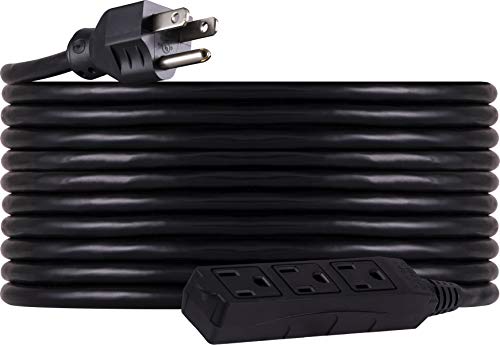 Product Cover GE 25 Ft Outdoor/Indoor Extension Cord, 3 Prong Grounded Plug, 3 Outlet, For Lighting, Power Tools, Holiday Decoration, 3 Wire, 16 Gauge, Double Insulated, One-Piece Molded Plug, Black, 36825