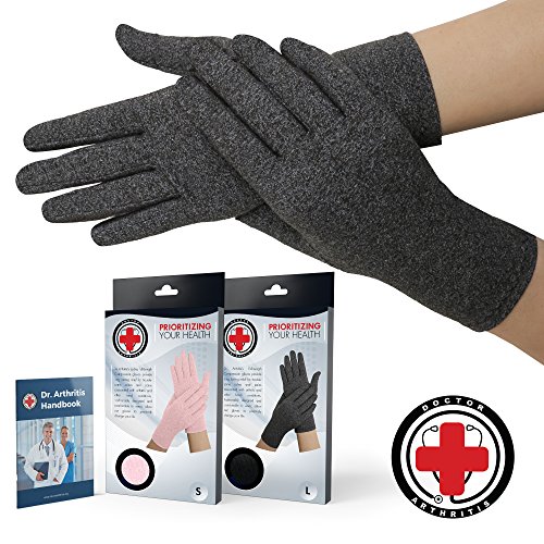 Product Cover Doctor Developed Full Fingered Arthritis Compression Gloves (Grey) and Doctor Written Handbook - Soft with Mild Compression, for Arthritis, Raynauds Disease & Carpal Tunnel (Small)