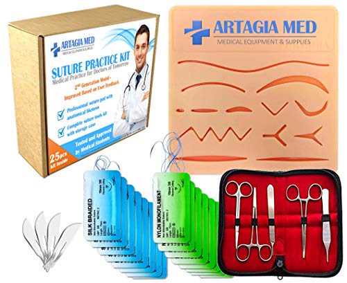 Product Cover Complete Suture Practice Kit for Suture Training, Including Large Silicone Suture Pad with pre-Cut Wounds and Suture Tool kit (25 Pieces). 2nd Generation Model. (Demonstration and Education Use Only)