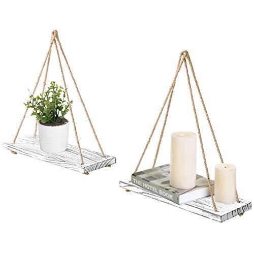 Product Cover MyGift 17-inch Whitewashed Wood Hanging Rope Swing Shelves, Set of 2