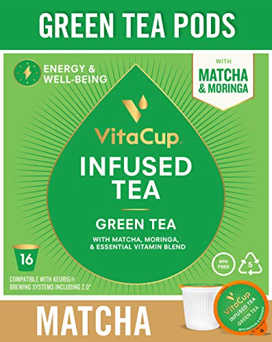 Product Cover VitaCup Green Tea 64ct. Top Rated Tea Cups with Matcha & Moringa Infused With Essential Vitamins B12, B9, B6, B5, B1, D3, Pods Compatible with K-Cup Brewers including Keurig 2.0