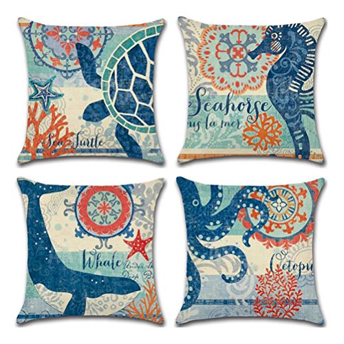 Product Cover ULOVE LOVE YOURSELF Ocean Theme Square Pillow Case Mediterranean Style Decorative Cotton Linen Throw Coastal Cushion Cover Sets 18 X 18 Inch Pillow Covers, 4 Pack Nautical Pillow Covers (Sea Theme-2)