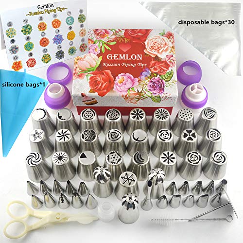 Product Cover Russian Piping Tips - Cake Decorating Supplies - 88 Baking Supplies Set - 49 Icing Piping Tips - 3 Russian Ball Piping Tips, Flower Frosting Tips, Bakes Flower Nozzles-Large Cupcake Decorating Kit