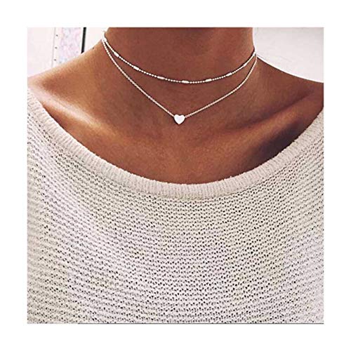 Product Cover Silver: Littleb Simple Double-Deck Choker Heart Pendant Necklace for Women and Girls. (Silver)