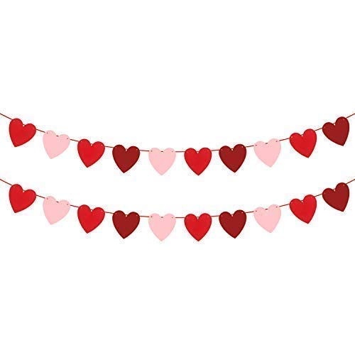 Product Cover Felt Heart Garland Banner - NO DIY - Valentines day Banner Decor -Valentines Decorations - Anniversary, Wedding, Birthday Party Decorations - Red, Rose Red and Light Pink Color