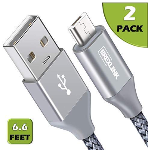 Product Cover Micro USB Cable Android, BrexLink Micro USB to USB 2.0 Cable (2-Pack,6.6Ft) Nylon Braided Sync and Fast Charging Cable for Samsung, Kindle, Android Smartphones, Galaxy S7 Edge, Moto G5, PS4 (Grey)