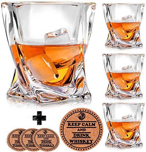 Product Cover Twist Whiskey Glasses - Set of 4 - by Vaci + 4 Drink Coasters, Ultra Clarity Crystal Scotch Glass, Malt or Bourbon, Glassware Gift Set