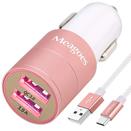 Product Cover Meagoes Fast USB C Car Charger, Compatible for Samsung Galaxy S10 Plus/S10/S10e/S9+/S9/S8+, Note 10 Plus/10/9/8, LG V50 ThinQ/G8/G7/V40, Quick Charge 3.0 USB Car Adapter with Type C Cable