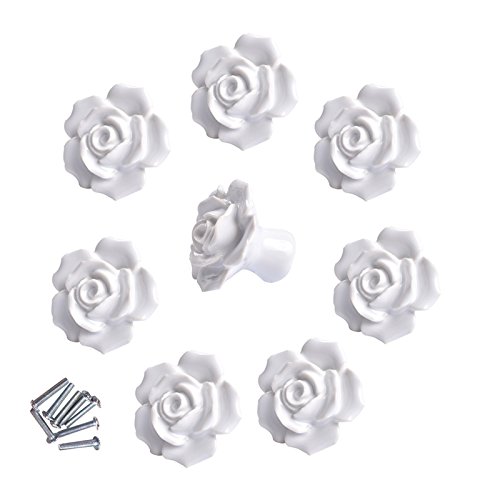 Product Cover 8 Pcs Ceramic Vintage Floral Rose Flower Door Knobs Handle Drawer Kitchen + Screws (White)