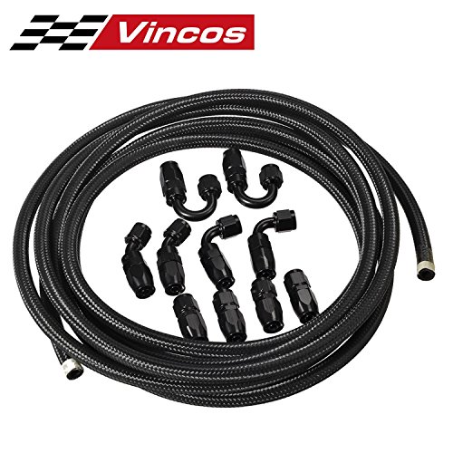 Product Cover Vincos 16Ft 6 an AN6 Nylon and Stainless Steel Braided Oil Gas Fuel Hose Fuel Line + 10pcs 6an Hose Fitting Kit Black Leak Free