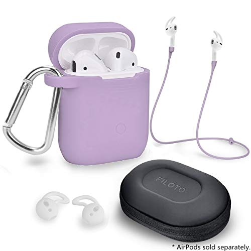 Product Cover Airpods Accessories Set, Filoto Airpods Waterproof Silicone Case Cover with Keychain/Strap/Earhooks/Accessories Storage Travel Box for Apple Airpod (Purple)