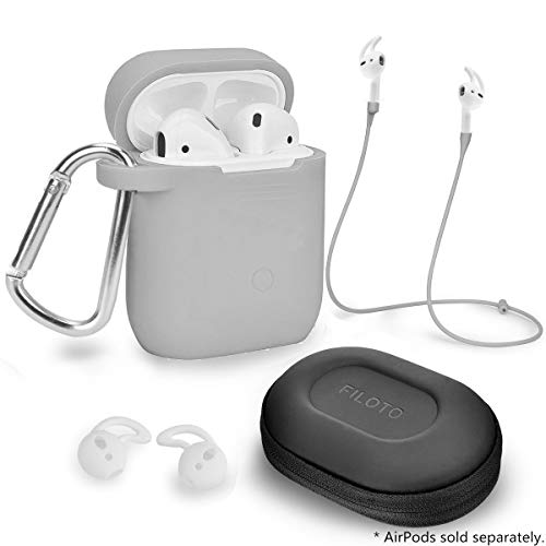 Product Cover Airpods Accessories Set, Filoto Airpods Waterproof Silicone Case Cover with Keychain/Strap/Earhooks/Accessories Storage Travel Box for Apple Airpod (Gray)