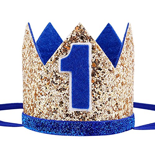 Product Cover Maticr Glitter Baby Boy Girl First Birthday Crown Number 1 Headband Little Prince Princess Cake Smash Photo Prop (Tiny Gold & Royal 1)