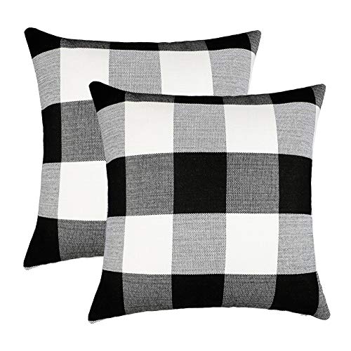 Product Cover 4TH Emotion Set of 2 Farmhouse Buffalo Check Plaid Throw Pillow Covers Cushion Case Cotton Linen for Fall Home Decor Black and White, 18 x 18 Inches