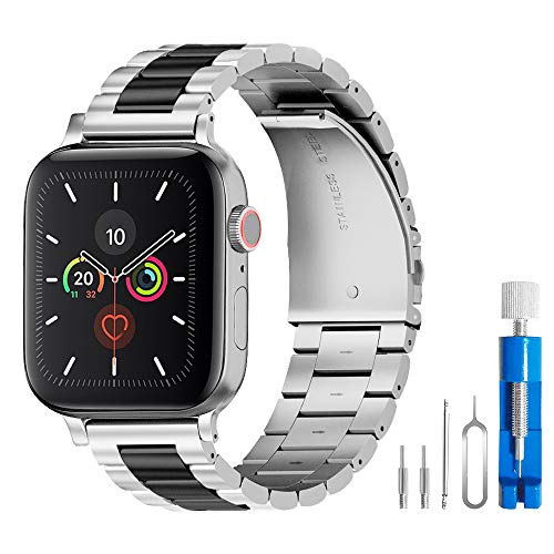 Product Cover U191U Band Compatible with Apple Watch 38mm 42mm Stainless Steel Wristband Metal Buckle Clasp iWatch 40mm 44mm Strap Bracelet for Apple Watch Series 4/3/2/1 Sports Edition(Silver/Black, 42MM)
