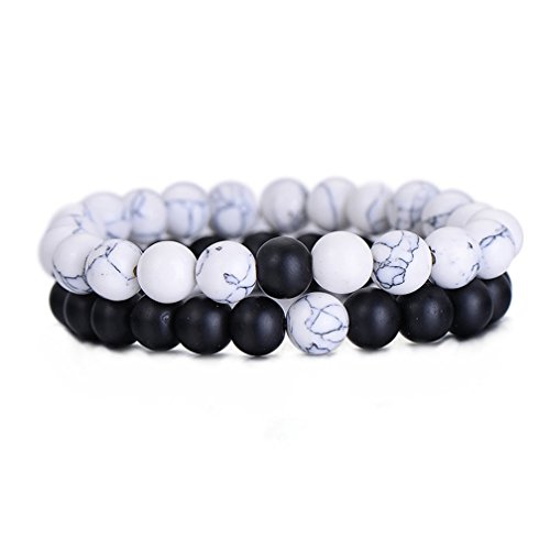 Product Cover LALANG 2PCS Black White Bracelets Handmade Agate Beads Bracelet for Sweetheart