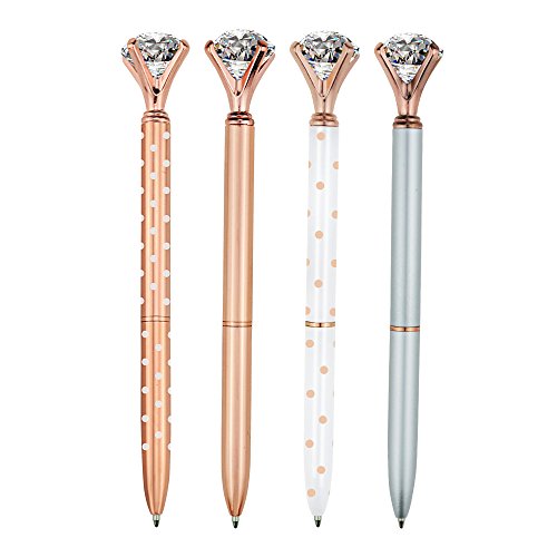Product Cover 4 Pcs Rose Gold Pen with Big Diamond/Crystal,Metal Ballpoint Pen,Rose Gold White and Silver,School and Office Supplies,Black Ink