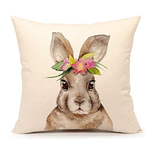 Product Cover 4TH Emotion Easter Rabbit Throw Pillow Case Cushion Cover Spring Home Decoration Cotton Linen 18 x 18 Inch(Bunny)