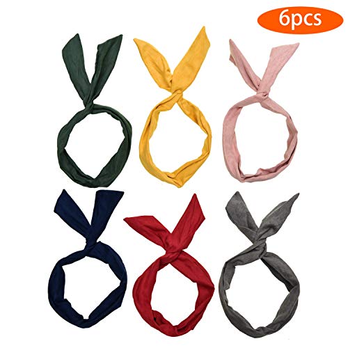 Product Cover JETEHO 6Pcs Solid Color Wired Hair Tie Twist Bow Headband, Rabbit Ear Wire Hairbands,Yoga Head Wraps Sports Turban Hair Holder Accessory Hairbands for Women and Girls