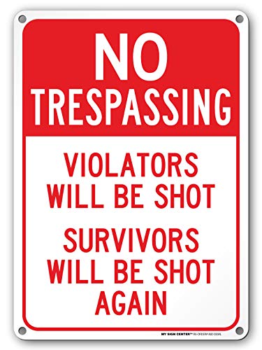 Product Cover No Trespassing, Trespassers Will Be Shot Gun Sign, Indoor and Outdoor Use, Made Out of Rust-Free Metal, 10
