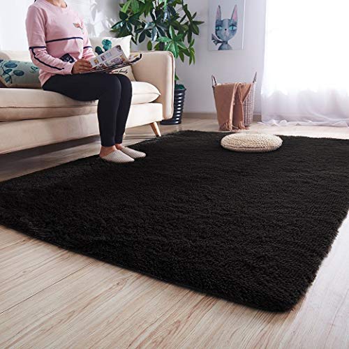 Product Cover Noahas Super Soft Modern Shag Area Rugs Fluffy Living Room Carpet Comfy Bedroom Home Decorate Floor Kids Playing Mat 4 Feet by 5.3 Feet, Black