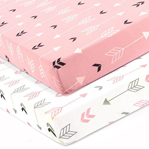 Product Cover Stretchy Fitted Crib Sheets Set-Brolex 2 Pack Portable Crib Mattress Topper For Baby Girls Boys,Ultra Soft Jersey,Full Standard,Pink & White Arrow
