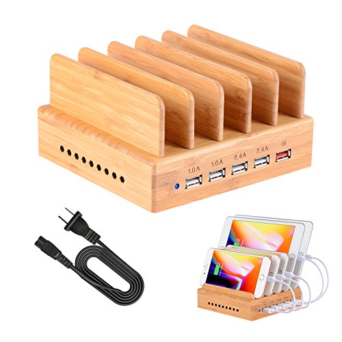 Product Cover Fastest Charging Station for Multiple Devices, Othoking Bamboo Charging Station with Quick Charge 3.0 & 5 Port USB Charger Compatible with Cellphone,Pad,Tablets