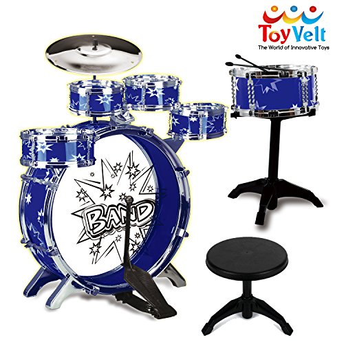 Product Cover 12 Piece Kids Jazz Drum Set - 6 Drums, Cymbal, Chair, Kick Pedal, 2 Drumsticks, Stool - Little Rockstar Kit to Stimulating Children's Creativity, - Ideal Gift Toy for Kids, Teens, Boys & Girls