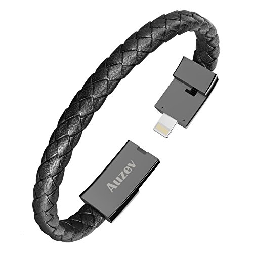 Product Cover Auzev USB Charging Cable Bracelet Fashion Wrist Data Charger Cord Leather Cuff Band for iPhone iPad, iPod, Air Pods (Black, M（7.2