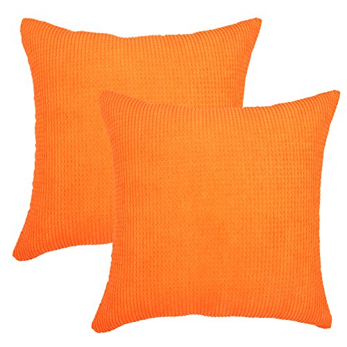 Product Cover YOUR SMILE Soft Solid Throw Pillow Covers Cases for Couch Sofa Bed, Comfortable Supersoft Corduroy Corn Striped Both Sides, 18 X 18 Inches, Set of 2,Orange