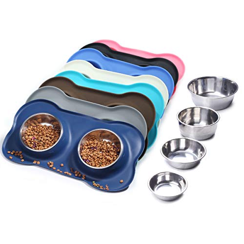 Product Cover Vivaglory Dog Bowls Stainless Steel Water and Food Bowl Pet Cat Feeder with Non Spill Skid Resistant Silicone Mat, Large, Navy Blue