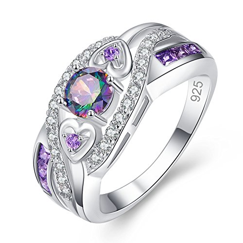 Product Cover Veunora 925 Sterling Silver Created 5x5mm Rainbow Topaz and Amethyst Filled Twisted Ring Band for Women