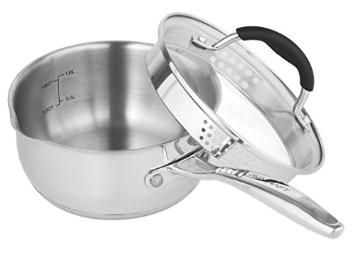 Product Cover AVACRAFT Stainless Steel Saucepan with Glass Lid, Strainer Lid, Two Side Spouts for Easy Pour with Ergonomic Handle, Multipurpose Sauce Pan with Lid, Sauce Pot (Tri-Ply Capsule Bottom, 1.5 Quart)