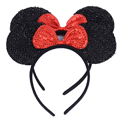 Product Cover Set of 2 Black Glitte Ears with Red Sequin Bow Headband for Boys Girls Birthday Party Decorations (Black Sequin Red)