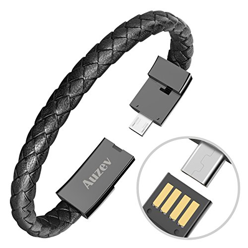 Product Cover Micro USB Charger Bracelet Cable Durable Leather Charging Data Cords Braided Wristband Wrist Cuff for Android (Black, L（8.2