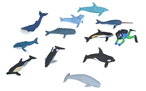Product Cover Wild Republic Whales and Dolphins Tube, Bottlenose, Spotted, White-sided Dolphins, Narwhal, Orca, Beluga, Humpback, Gray, Sperm Whales and Diver