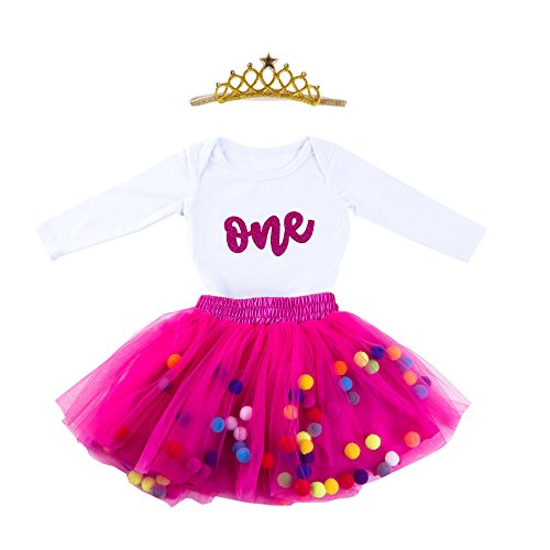 Product Cover Baby Girls 1st Birthday Outfit Glitter One Romper Balls Skirt Crown Headband (Hot Pink, 12-18Months)